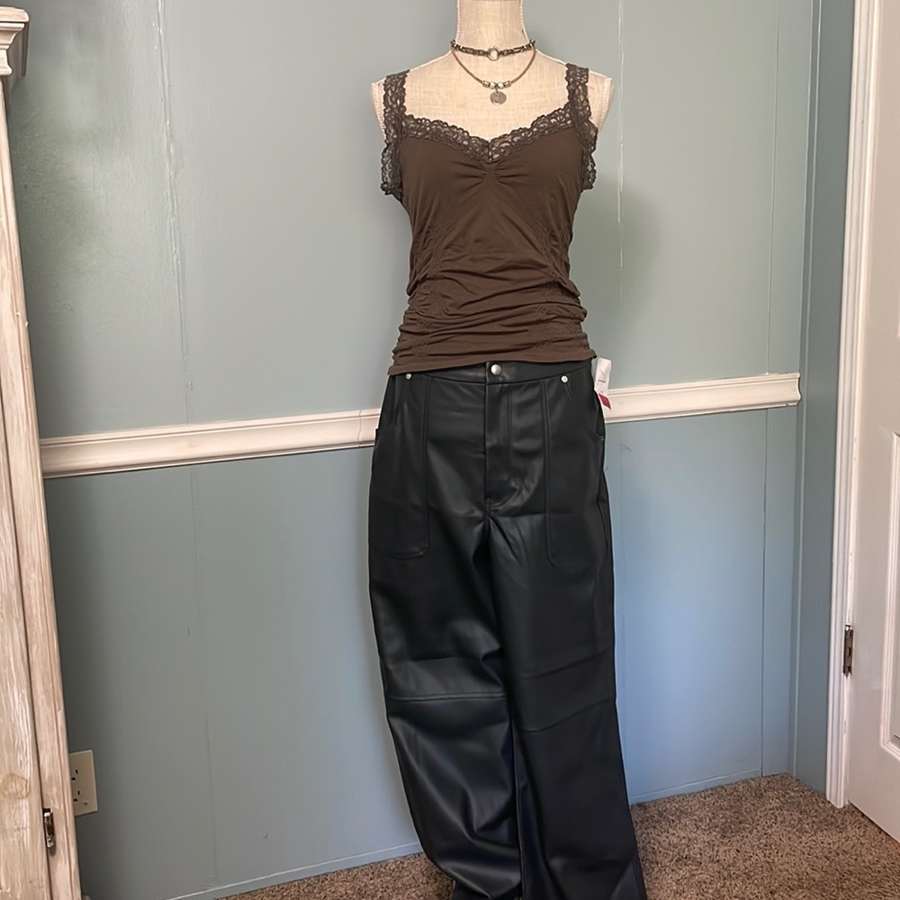 Size M-L scrunch tank, army green, S-M faux leather wide leg pants, forest green
